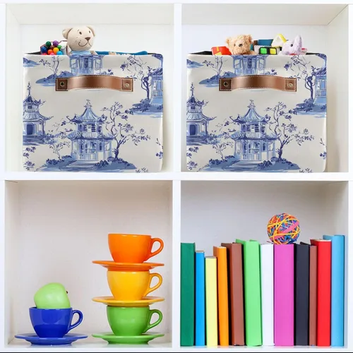 Miniatura 6 de susiyo Cestas de almacenamiento grandes de tela de estilo chinoiserie, con asas de poliuretano para estantes, hogar, armario, dormitorio, sala
