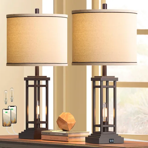 Miniatura 11 de ROTTOGOON Lámpara de mesa de granja de 27.5 pulgadas de altura con puertos de carga USB C + USB A, lámpara rústica para sala de estar, lámpara