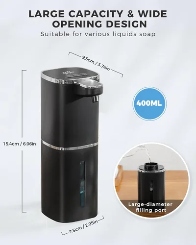 Miniatura 2 de Dispensador automático de jabón espumoso sin contacto, dispensador de jabón de manos inteligente recargable por USB, 9 niveles ajustables, 13.5 Negro