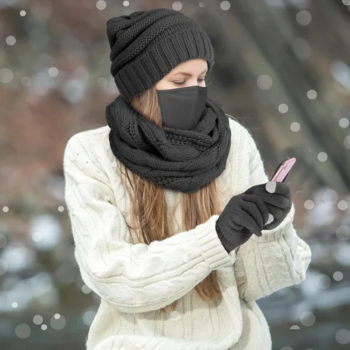 Miniatura 7 de URATOT Conjunto cálido de punto de invierno, bufanda infinita y gorro, guantes para pantalla táctil, regalos de invierno para hombres y mujeres