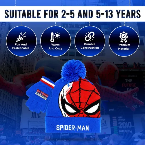 Miniatura 3 de Marvel Spider-Man - Sombrero de invierno y guantes de nieve para niños y niños, juego de 2 piezas, gorro con pompones con guantes cálidos