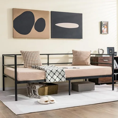 Giantex Marco de cama de metal tamaño individual, cama de día con soporte de listones de metal y barandillas de 3 lados, sofá cama 2 en 1 que ahorra