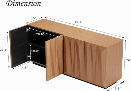 Miniatura 2 de Aparador geométrico contemporáneo de 60 pulgadas con puertas triangulares 3D y base flotante, gabinete de almacenamiento de credenza de nogal claro