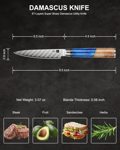 Miniatura 2 de Cuchillo de Utilidad de Cocina Dnifo de 5 Pulgadas, Cuchillo Mondador de Acero Damasceno VG10 Japonés, Cuchillo de Chef de Cocina Pequeño con Caja