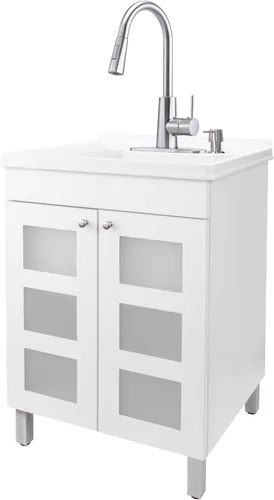 Miniatura 10 de JS Jackson Supplies, fregadero utilitario con gabinete de tocador blanco, grifo rociador desplegable de arco alto, dispensador de jabón y tocador