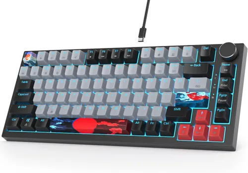 Miniatura 18 de Fogruaden Teclado para juegos con cable, 75 por ciento, intercambiable en caliente, teclado mecánico cremoso de montaje en junta con perilla