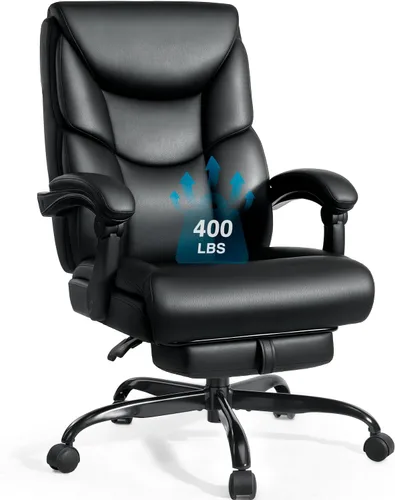 WAILOR Silla de Oficina de 400 libras con Reposapiés, Silla de Oficina Reclinable Grande y Alta con Soporte Lumbar y Cojín de Resorte, Silla de Negro