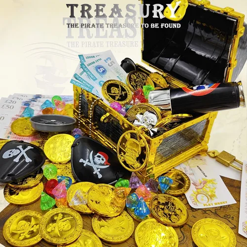 Miniatura 2 de Juego de 128 piezas de cofre del tesoro pirata con marco dorado para niños, juguetes de simulación pirata vintage, incluye monedas, joyas, dinero