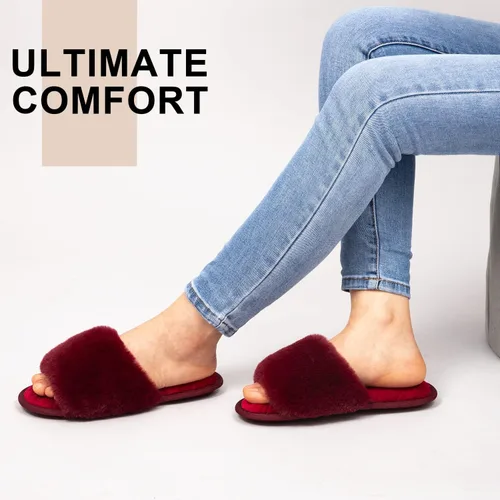 Miniatura 2 de LongBay Pantuflas de espuma viscoelástica de piel sintética para mujer, cómodas y planas, con puntera abierta, cómodas sandalias de casa