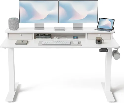 Miniatura 11 de FEZIBO Escritorio de pie de 48 x 24 pulgadas con altura ajustable, escritorio eléctrico de pie con doble cajón, escritorio de oficina en casa con 4