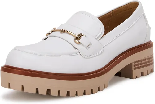 VETASTE Mocasines clásicos de tacón grueso con plataforma y suela de lengüeta para mujer, con puntera redonda, zapatos Oxford con cadena de metal