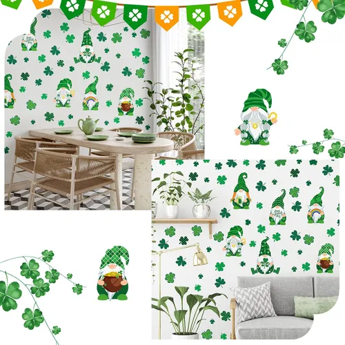Miniatura 7 de Glenmal 6 hojas de vinilos para pared del día de San Patricio, pegatinas de pared de trébol y gnomo, pegatinas para ventanas del día de San Patricio