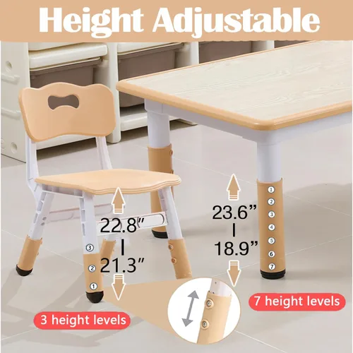 Miniatura 3 de Juego de mesa y sillas para niños, escritorio ajustable en altura con 6 asientos para edades de 2 a 10 años, mesa de arte y manualidades, escritorio