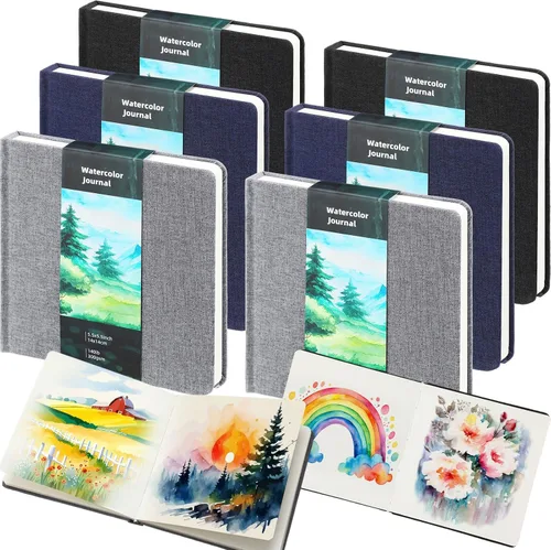 Mooliwe 6 cuadernos de bocetos de acuarela, diario pequeño de acuarela de papel, a granel para pintar 300 GSM, 140 libras, algodón prensa en frío