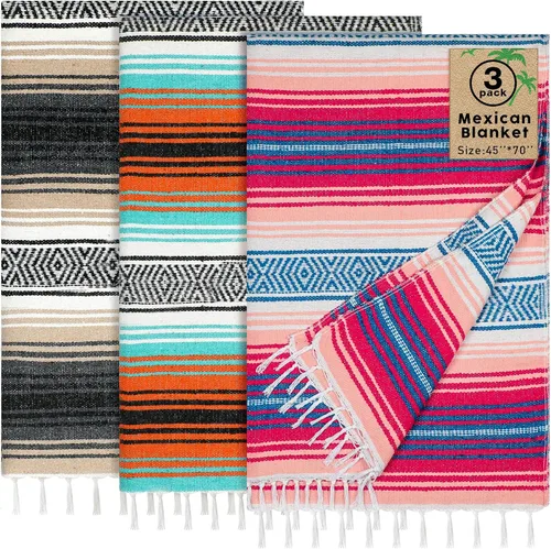 Miniatura 13 de Oudain - Paquete de 3 mantas mexicanas de 45 x 70 pulgadas, manta tejida de sarape Baja para playa, picnic, camping, decoración bohemia para sofá