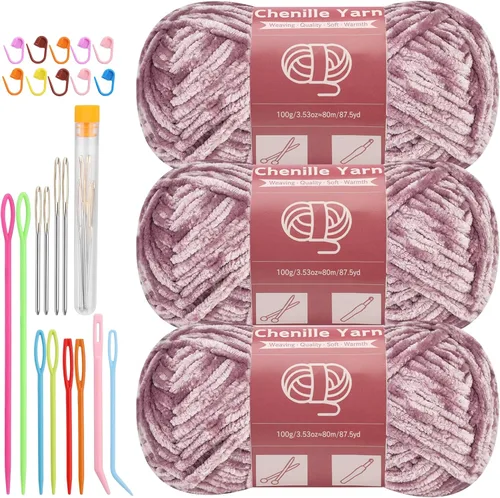 Miniatura 33 de LUNARM Hilado de chenilla para tejer y hacer ganchillo, 3 madejas de 240 metros de hilo grueso, suave y voluminoso, para tejer mantas, ropa y Beige