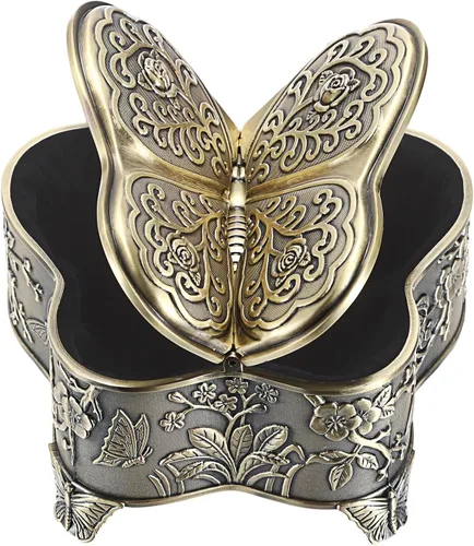 Hipiwe Joyero de metal antiguo con forma de mariposa, organizador de almacenamiento de joyas, caja de joyería vintage, cofre del tesoro para