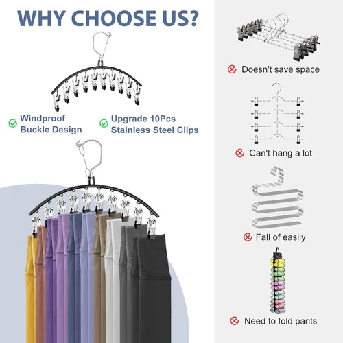 Miniatura 6 de Paquete de 3 perchas para faldas y pantalones con clips, organizador de leggings para colgar en el armario con 10 clips con capacidad para 30