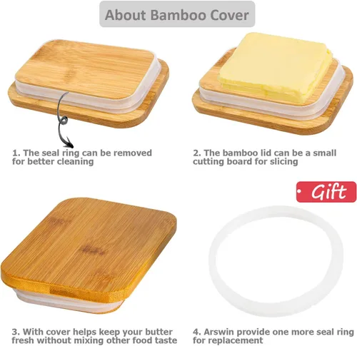 Miniatura 4 de Mantequillera con tapa, recipiente de porcelana con tapa de madera para mantequilla, apto para microondas, contenedor de almacenamiento