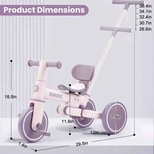 Miniatura 5 de BoBike Triciclo 5 en 1 para niños pequeños de 18 meses a 5 años, bicicleta para niños con pedales mejorados, mango de empuje para padres, bicicleta