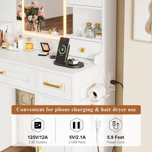 Miniatura 3 de Tocador blanco con espejo y luces LED, juego grande de mesa de maquillaje con 2 gabinetes de exhibición, 6 cajones y 2 gabinetes de almacenamiento