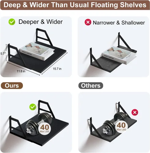 Miniatura 7 de Tectocker-DOU 2 estantes flotantes profundos; estantes colgantes montados en la pared para sala de estar, cocina, oficina, baño y decoración de Negro