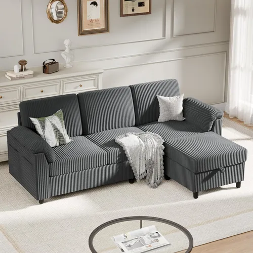 Miniatura 5 de Sofás seccionales para sala de estar, sofá en forma de L con bolsillo lateral de almacenamiento, cómodos sofás de 3 asientos para apartamento, gris