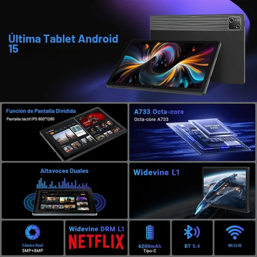 Miniatura 2 de Gleeso Tableta, tableta Android de 10 pulgadas, 30GB+128GB+2TB TF, 6200mAh, carga rápida de 15W, pantalla IPS HD 1280x800, WiFi 6, BT 5.4, cámara
