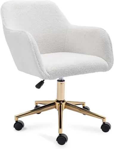 Silla de oficina en casa de tela de peluche, bonita silla giratoria de escritorio con ruedas, moderna silla de tocador ajustable con base dorada