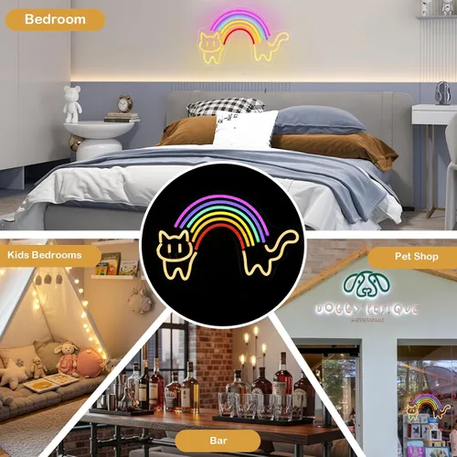 Miniatura 5 de Letrero de neón de gato arcoíris para decoración de pared, letrero de luz de neón de arco iris, regulable, alimentado por USB, luz LED de neón