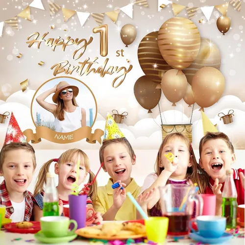 Miniatura 7 de Cartel de feliz cumpleaños beige personalizado para telón de fondo grande de feliz cumpleaños, globo aerostático, fiesta, interior y exterior