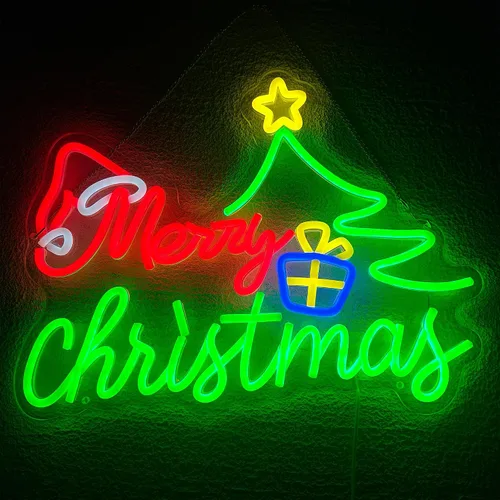 Letrero de neón de Feliz Navidad para decoración, luz de ventana de neón con sombrero de árbol de Navidad, decoración de pared de 16.4 x 12.6