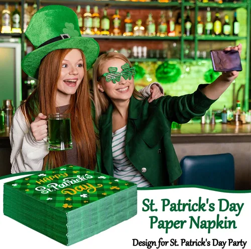 Miniatura 4 de Whaline 80 servilletas de papel con texto en inglés «Happy St. Patrick's Day» de búfalo verde irlandés, servilletas desechables decorativas