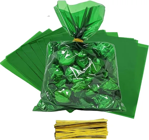 brzikwt 100 bolsas de regalo verdes, bolsas de celofán, bolsas de golosinas, bolsas de golosinas, bolsas de dulces, son adecuadas para San Valentín,