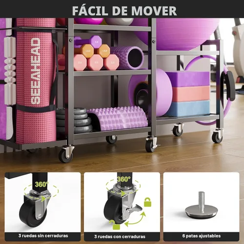 Miniatura 6 de Estante de almacenamiento de gimnasio en casa de 6 niveles con ruedas, soporte de pesas para mancuernas y organizador de esterilla de yoga, soporte