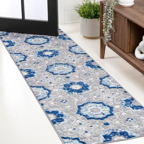 Miniatura 8 de JONATHAN Y Mediterranean Medallion - Alfombra de pasillo para interiores y exteriores, 2 x 8 pies, color azul/gris, bohemio, para patio trasero