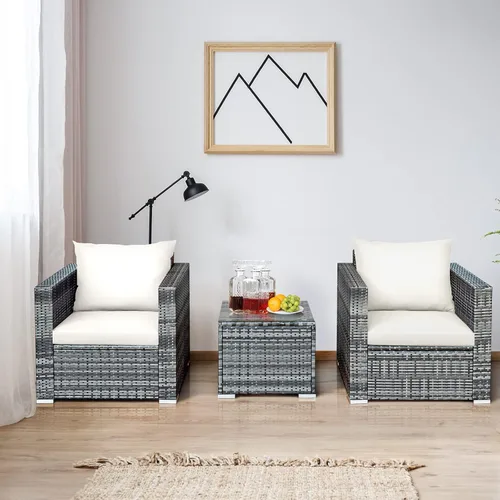 Miniatura 5 de COSTWAY Juego de muebles de patio de 3 piezas, sofá de mimbre para exteriores con cojines y mesa auxiliar, juego de sillas de conversación