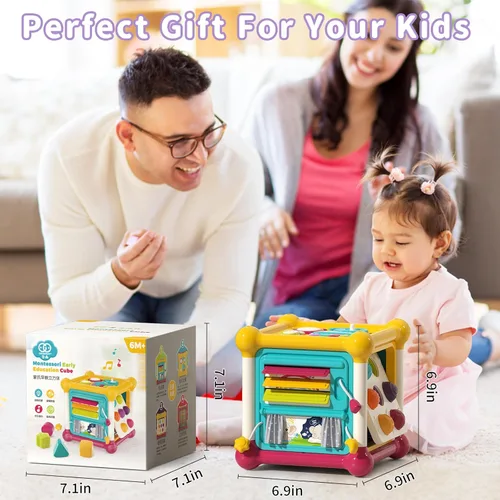 Miniatura 7 de Cubo de Actividades para Bebés, Juguetes de Cubo para Bebés de 6-12 Meses, Tablero Ocupado Musical para Niños Pequeños con 4 Bloques de Formas