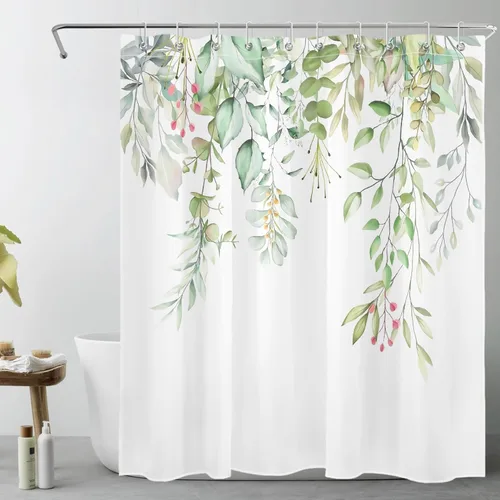 Miniatura 39 de LB Juego de cortinas de ducha de mariposa y flores con alfombras, margaritas y morado lavanda, hojas de eucalipto, cortina de ducha verde