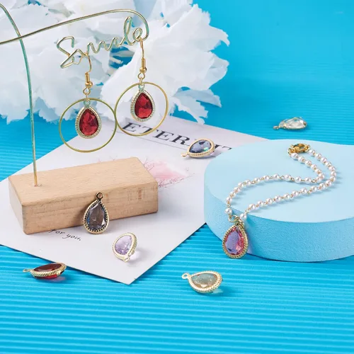 Miniatura 5 de Cheriswelry 48 colgantes de diamantes de imitación de resina en forma de lágrima con ajustes de latón dorado con diamantes de imitación facetados