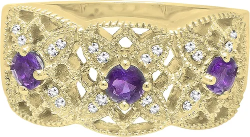 Miniatura 3 de Anillo de compromiso de oro amarillo de 14 quilates con piedras preciosas redondas y diamantes blancos para mujer.