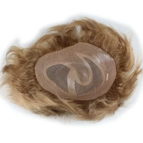 Miniatura 8 de Toupee para hombre de 10 × 8 pulgadas, cabello humano real, postizo de piel fina, sistema de reemplazo de cabello, base de red de monofilamento