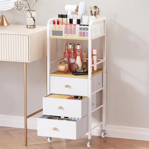 Miniatura 12 de HapiRm Organizador de Carrito de Maquillaje Rodante - Almacenamiento de Maquillaje y Cuidado de la Piel de Piso con 3 Cajones de Tela No Tejida