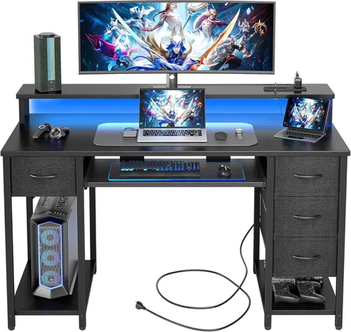 Miniatura 10 de TIQLAB Computer Desk with 4 Drawers & LED Lights, 47 Inch Gaming Desk with Monitor Stand & Power Outlets, Home Office Desk with Large Storage Space
