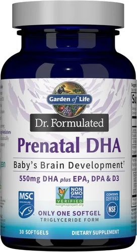 Garden of Life Aceite de Pescado DHA Prenatal Formulado por Dr. - 500mg DHA y DPA en Forma de Triglicéridos 100% VD Vitamina D3, Fuente Única,