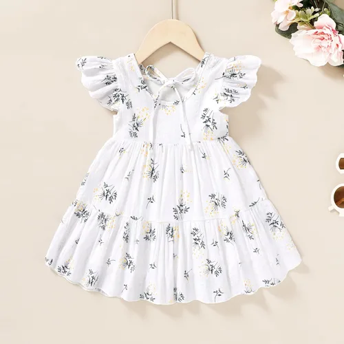 Miniatura 3 de Vestido bohemio de lino para niña pequeña, vestido casual sin mangas con volantes y estampado floral liso para verano y playa