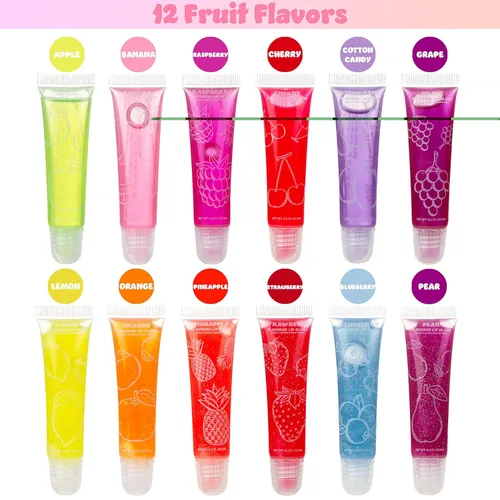 Miniatura 2 de EXPRESSIONS Juego de 12 brillos de labios saborizados a granel Tubos de compresión no tóxicos, seguros para niños para recuerdos de fiesta