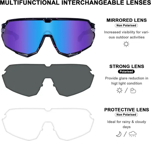 Miniatura 4 de CARFIA Gafas de sol polarizadas de ciclismo para hombre - 3 lentes intercambiables UV400/a prueba de golpes/HD Vision CA5390