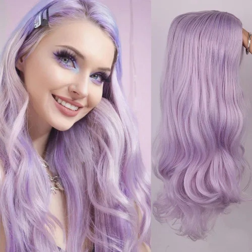Miniatura 9 de Pelucas largas, rizadas y onduladas, en color morado degradado, de pelo sintético, resistentes al calor, 2 tonos, raíces oscuras, para mujeres