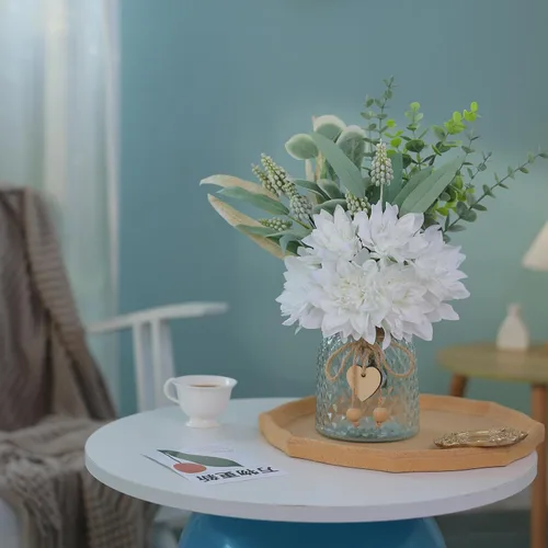 Miniatura 4 de Flores de imitación con jarrón, flores artificiales de seda en jarrón, planta falsa eucalipto y sauce, arreglo floral para el hogar, granja, cocina